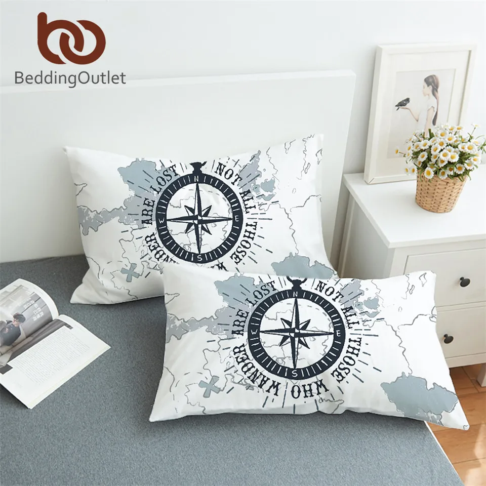 

BeddingOutlet Compass Pillowcase Nautical Map Sleeping Pillow Case Boys Bedding Navy Blue and White Pillowcase Cover 2pcs