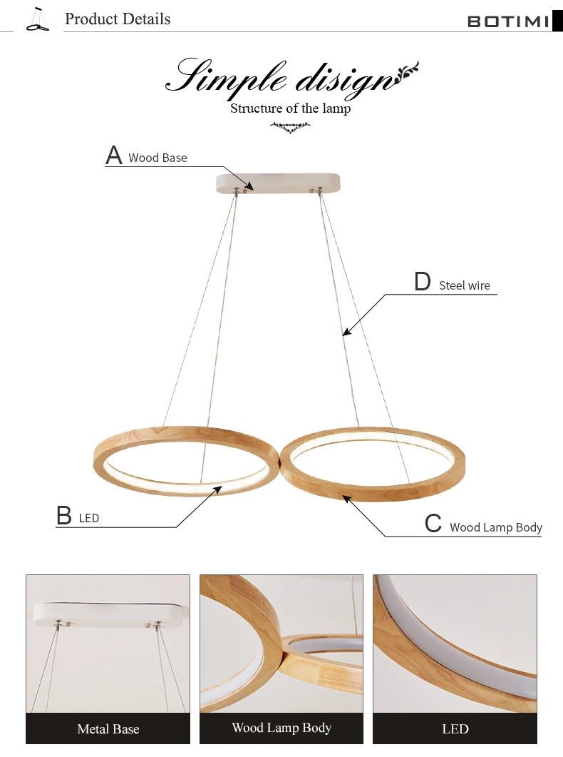 BOTIMI деревянный светодиодный подвесной светильник для столовой, 2 круглых деревянных кольца, блестящий Деревянный светильник для кухни, подвесной светильник для кухни