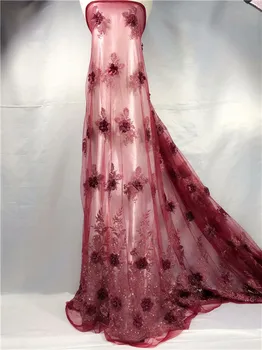 

Hot selling French net lace fabric with 3D flower and beads QN92(5yards/lot) multi color on sale