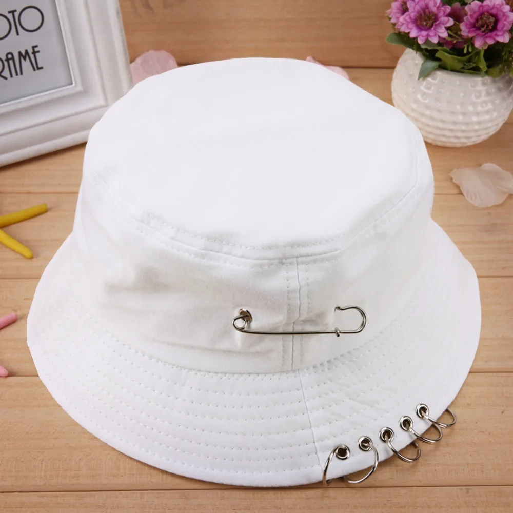 

NEW Solid Color Cool Unisex Iron Pin Ring Personality Bucket Hat Cap Folding Fisherman Hat Hunting Fishing Outdoor Cap