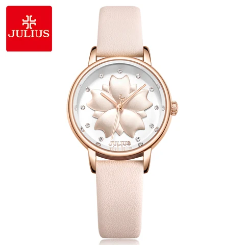 Topo da Marca de Luxo Julius Flor Dial Relógios Femininos Pulseira Couro Relógio Moda Vestido Quartzo Pulso Feminino 3d