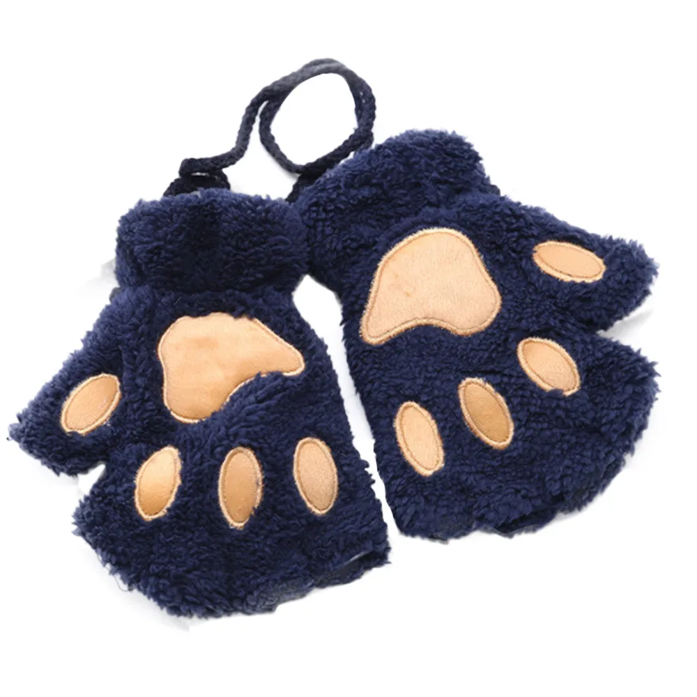 Теплые плюшевые перчатки без пальцев пушистые медвежьи когти кошки лапы животных мягкие теплые милые женские перчатки на половину пальца костюм перчатки подарок - Цвет: Синий