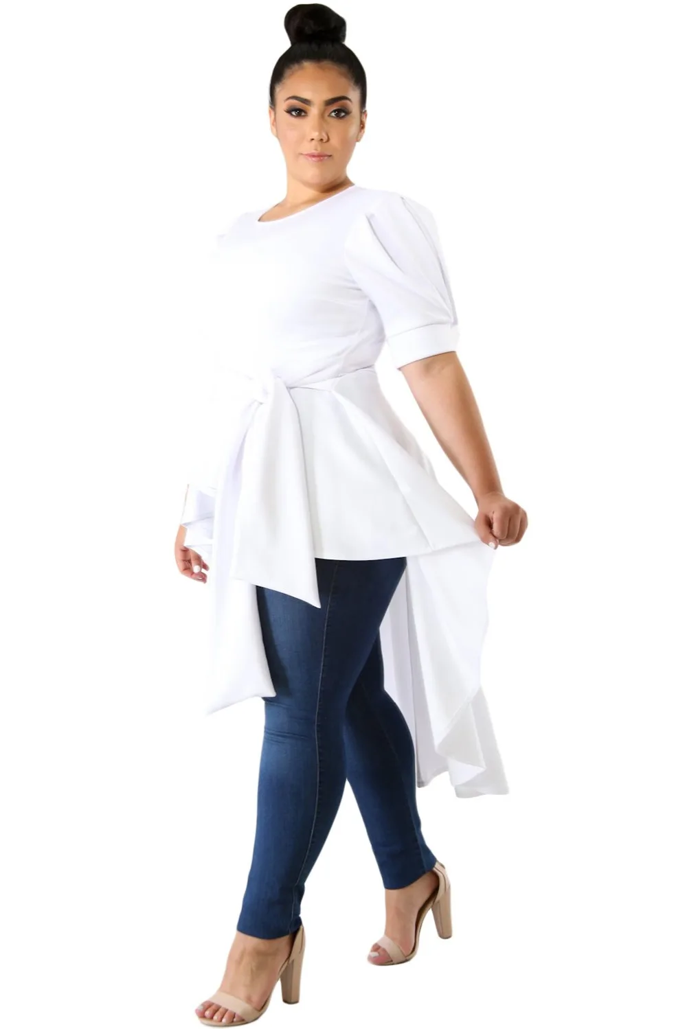 Zmvkgsoa Ruffle T-Shirt Oversize White Office Lady Top Fashion Women Big Plus Size XXXL Shirt Puff Long Half Sleeve Top VV251243 Tops