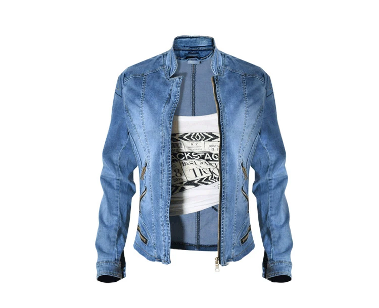 2018 Europe and the United States popular women's baseball jacket stretch denim jacket and more zipper motorcycle models have wild large size (7)