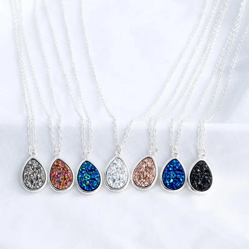 

2018 New Silver Teardrop Resin Druzy Choker Necklace for Women Fashion Statement Necklace Pendant Jewelry Wholesale