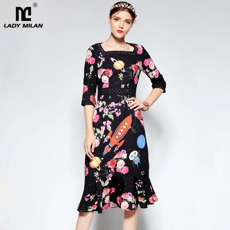 New Arrival 2018 Women's Square Neckline 3/4 Sleeves Printed Beaded