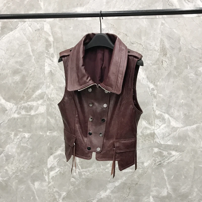 2019 New Leather  Vest Shorts Suit Female Spring and Autumn Wine Red Leather  Two-piece Real Leather Vest  Jacket Women