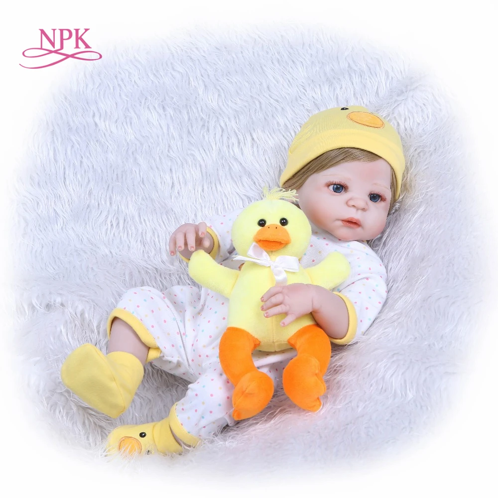 

NPK 22" Baby Doll With Yellow duck Doll Full Body Silicone Vinyl Adorable Lifelike Toddler Baby Bonecas Girl Kid Bebes Reborn