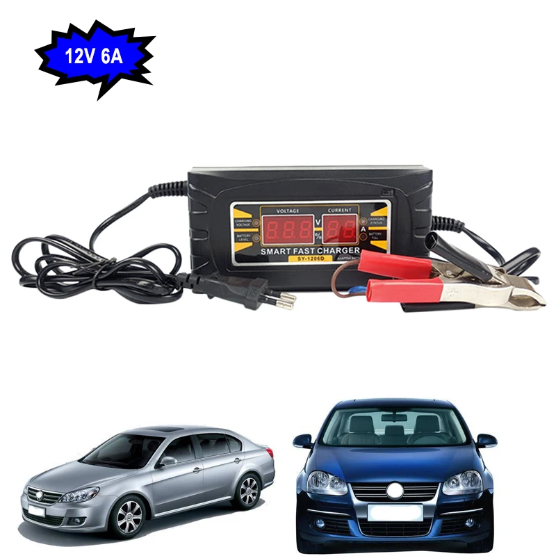 

1pc Car Battery Charger With Clips Display 6A Premium LED Sreen Intelligent 12V Battery Charger For EU Standard Car