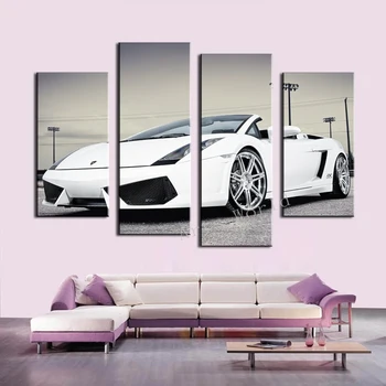 

High Quality 4 Pcs White Sports Car Wall Art Painting Home Decoration Living Room Canvas Print Painting On Canvas Wall Picture
