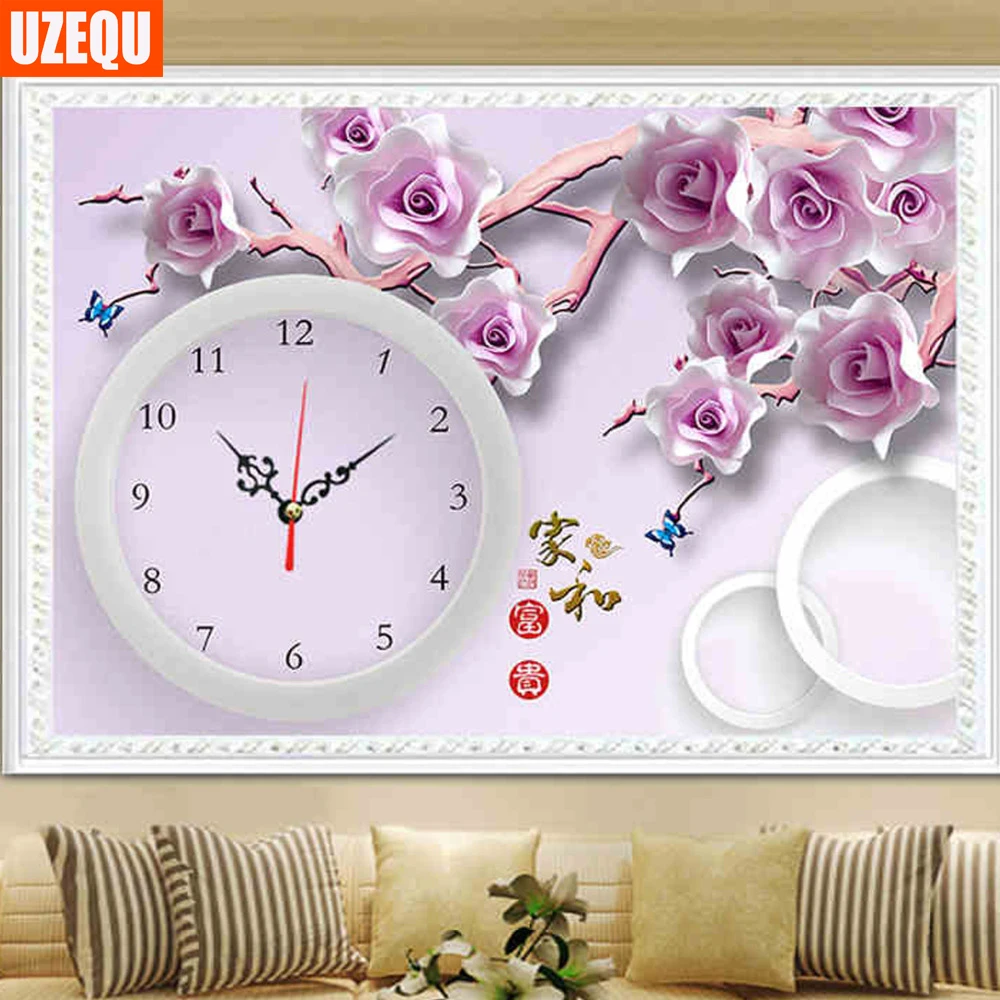 

UzeQu Needlework DIY Diamond Painting Cross Stitch Wall Clock Flower Diamond Embroidery Full Round Mosaic Painting Rhinestones