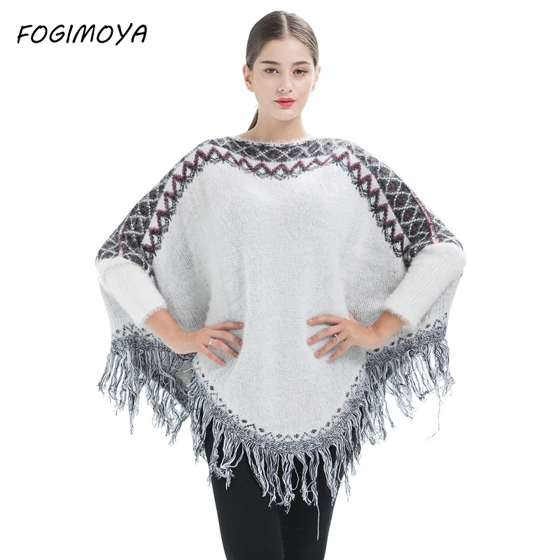 

FOGIMOYA Sweater Women Autumn 2017 Computer Knitted Pullovers Loose Tassel Patchwork Tops Women's Casaul Batwing Sleeve Sweater