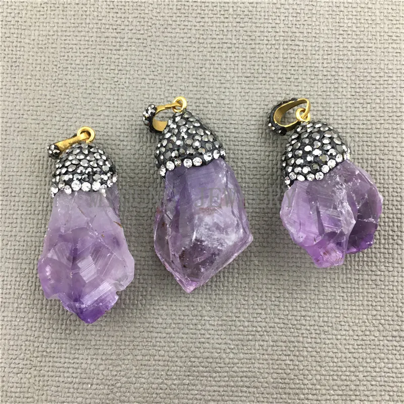 MY0473 Free Form Purple Crystal Point Pendant Amethysts Nugget Necklace with Paved Rhinestone Cap and Bail | Украшения и