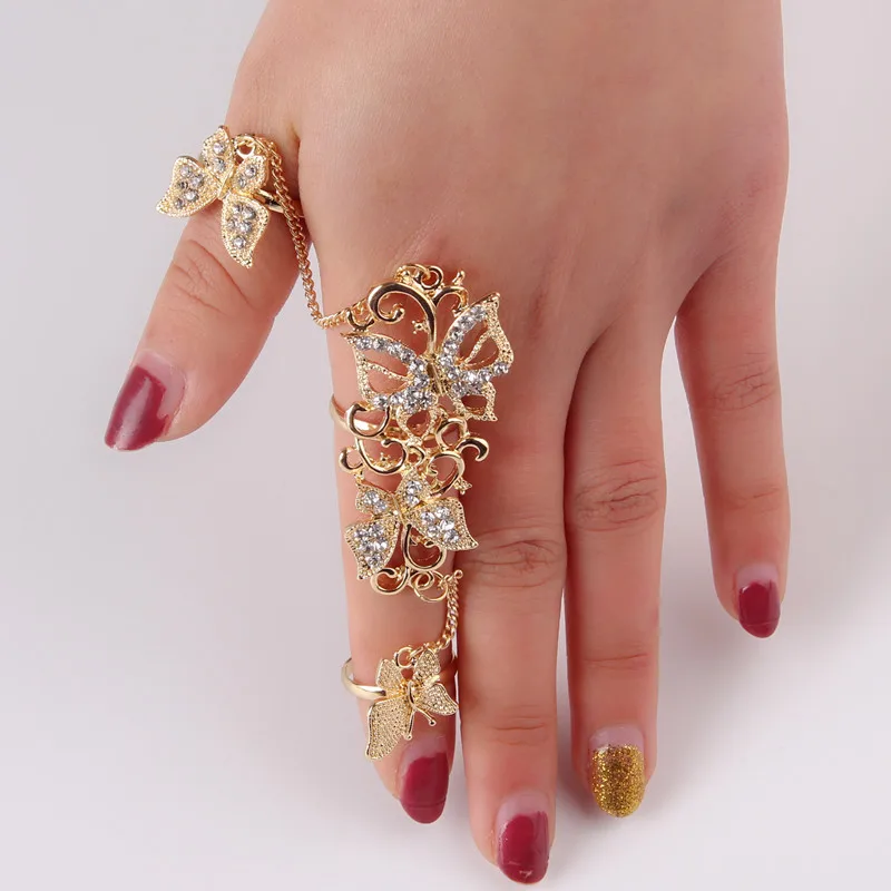 Стразы цветок бабочка полные, кольца на палец для женщин золото Chian Link двойное кольцо Броня 1D2011