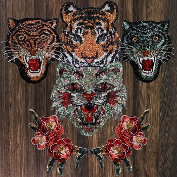

1set Sequins Embroidered Large Tiger Leopard Flower Head Sew On Patches Applique DIY Sweater Accessory
