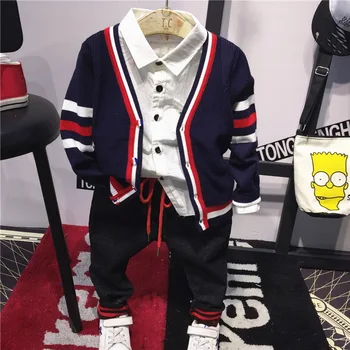 

Spring&Autumn fall baby clothing boys tracksuits Knit cardigans + shirts + jeans 3pcs kids boy clothes Children Infants clothing