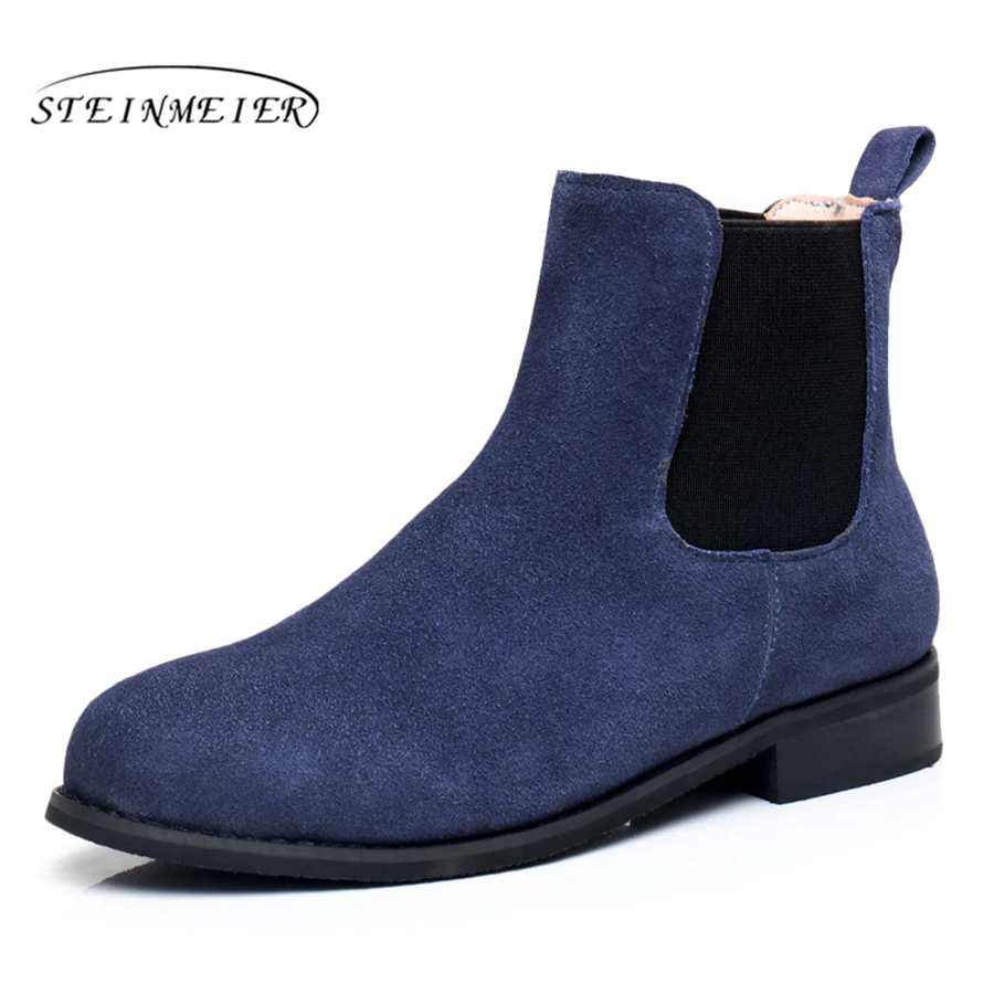 

Genuine Leather Ankle Boots Comfortable quality soft Shoes Brand Designer Handmade blue brown US size 9.5 with fur 2018 spring