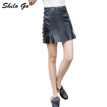 

Streetwear Leather Skirts Womens Side Lace Up High Waist Sheepskin Genuine Leather A Line Skirts Casual Female Hot Split Skirts
