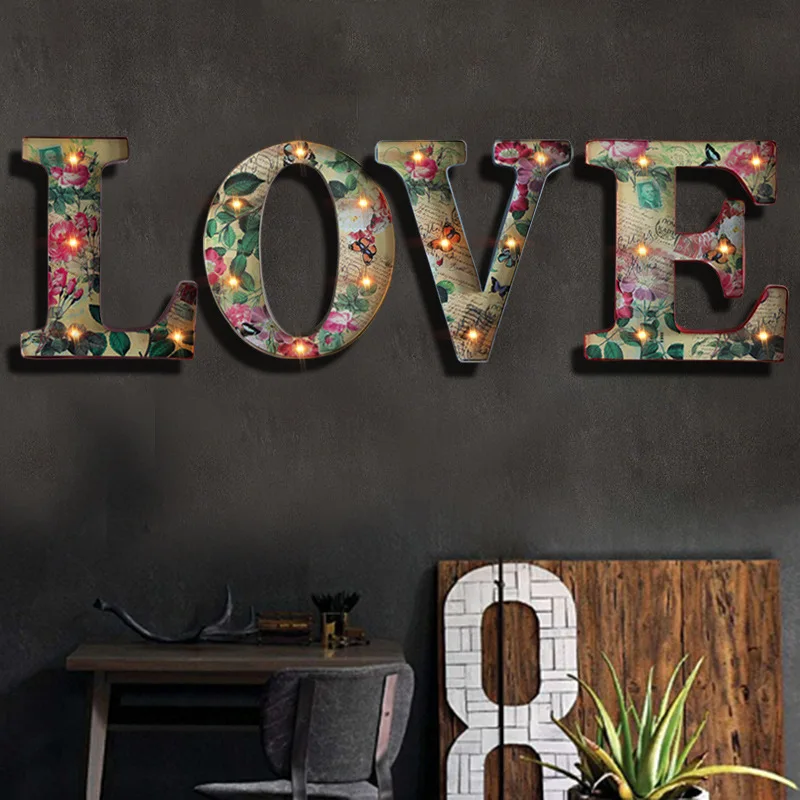 Retro LED Letter LOVE Shaped Wall Lamp Wrought Iron Craft Luminous Home Decor Wall Lights Sweet ...