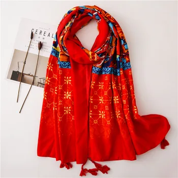 

KYQIAO foulard femme women luxury brand hijab scarf female autumn winter Mexico style ethnic design long red printed scarf