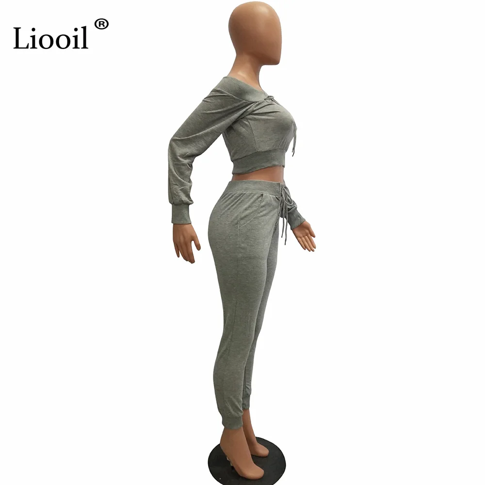 Liooil Off Shoulder 2pcs Active Set Women Outfits Sweatshirt Long Sleeve Crop Top And Pants Lace-Up Track Suits Woman Sets