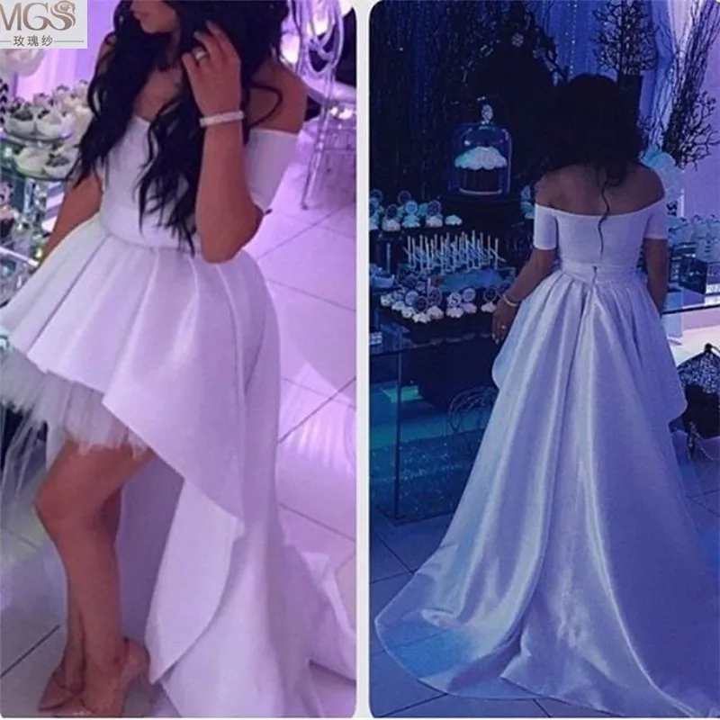 349 New Sexy 2016 STD White Satin A-Line Off the Shoulder Short Sleeve Prom Dresses Vestido De Festa Evening Summer Party Gown