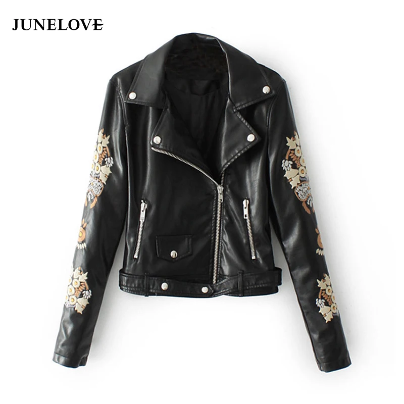 

JuneLove 2019 Autumn Jacket Coat Women Embroidery PU Leather Basic Jacket Ladies Zipper Long Sleeve Sashes Outwear
