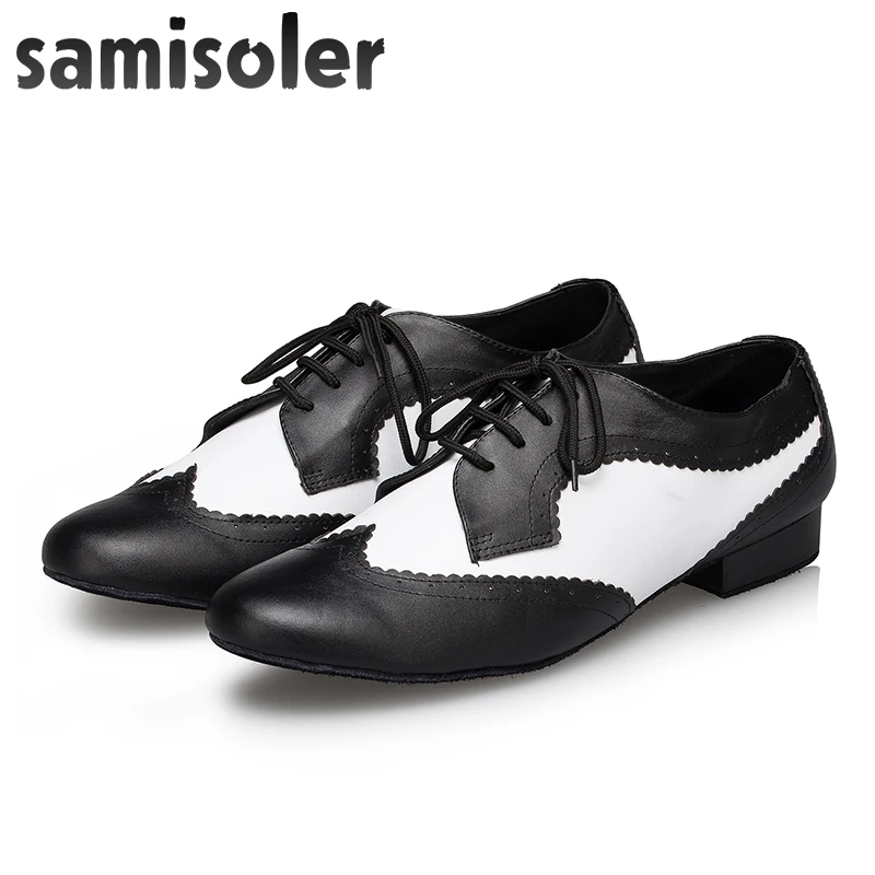 Samisoler/черно белые мужские черные кожаные Бальные танцевальные туфли на плоской