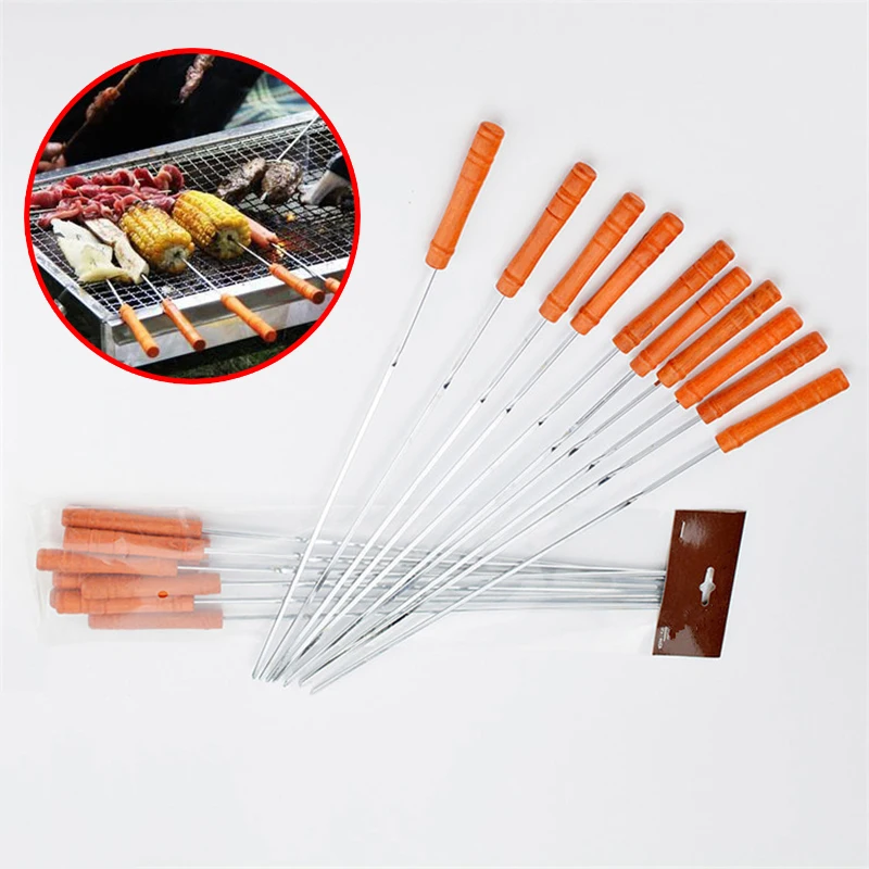 HOT SALE 10pcs 16.5''(42.5cm) Metal BBQ Skewer Wood Barbecue Skewers