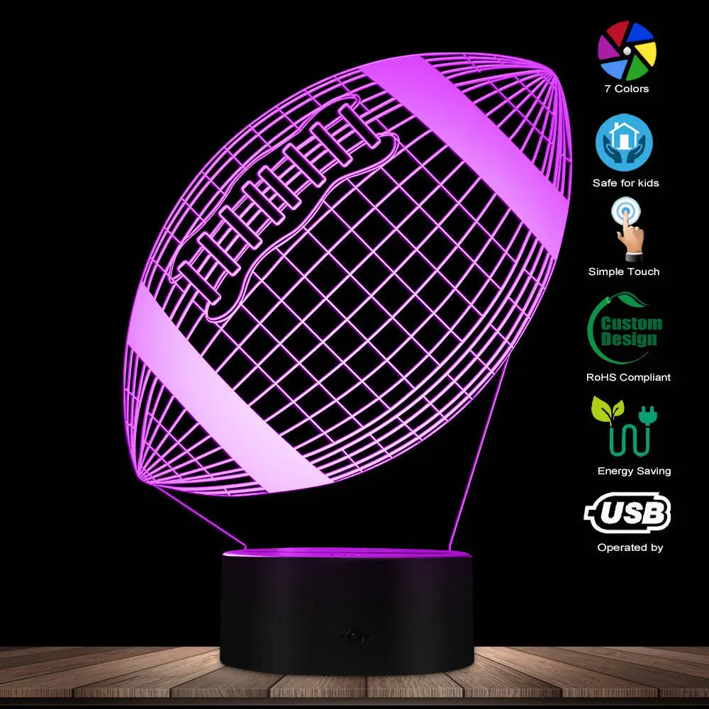 كرة القدم الأمريكية 3D تجعل السلكي الهولوغرام طاولة ليلية مصباح الرجبي الوهم البصري LED أضواء الرياضة المشجعين الزخرفية ضوء