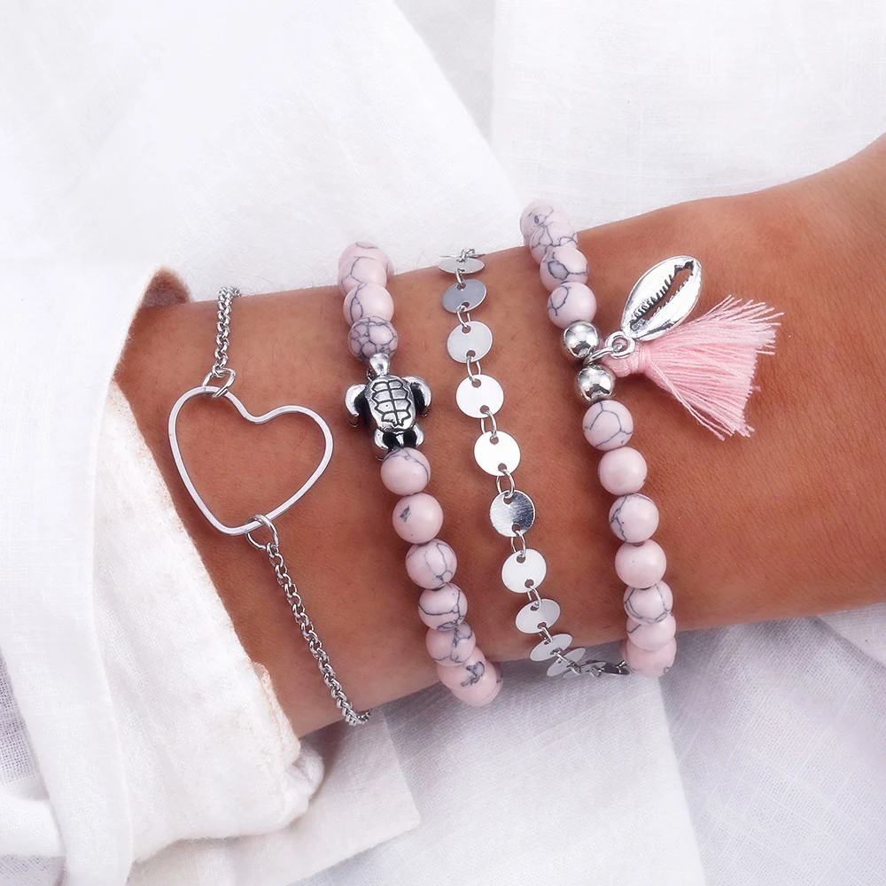 

New Bohemian Turtle Charm Bracelets Bangles Women Pink Natural Stone Beads Bracelets Trendy Heart Shell Tassel Bracelet Jewelry