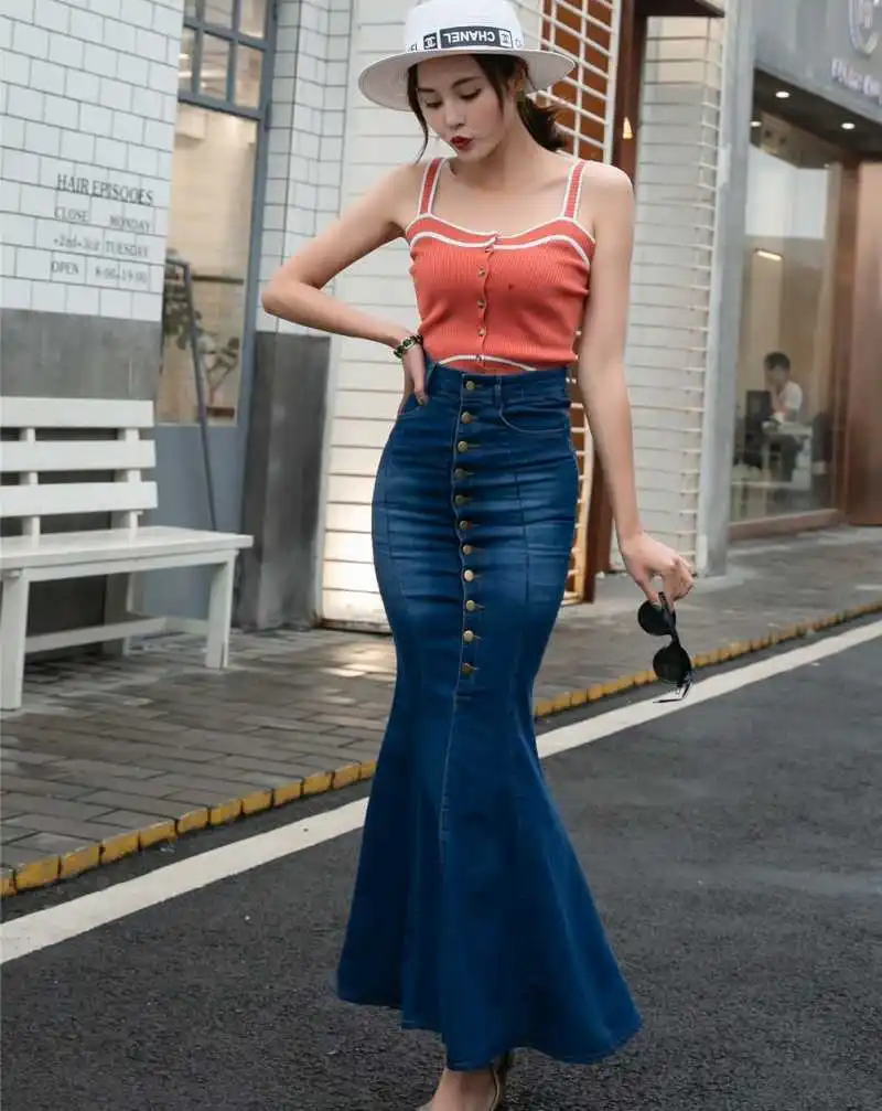 Летние длинные юбки с высокой талией, женская новая модная однобортная Облегающая джинсовая юбка фасона "Русалка"