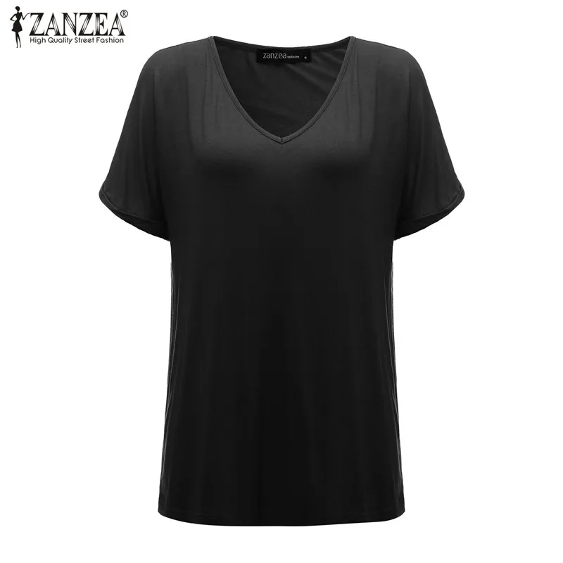 Женская Сексуальная футболка с v-образным вырезом, Zanzea, Летние повседневные свободные топы с коротким рукавом, хлопковые одноцветные пуловеры, футболки размера плюс - Цвет: Black