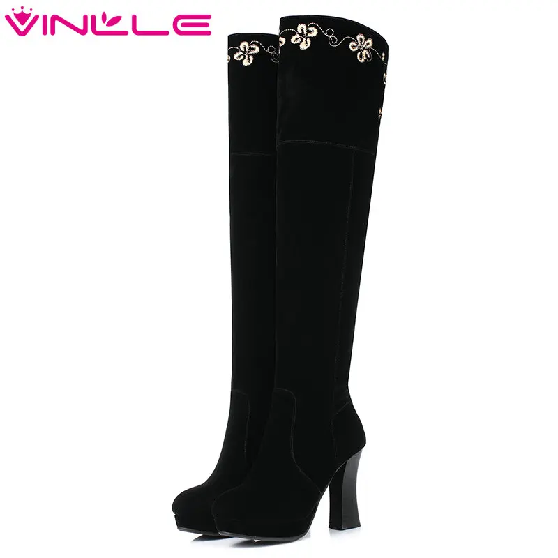 

VINLLE 2016 Flock Women Fashion Boots Elegant Winter Over The Knee Boots Zipper Square High Heel Ladies Platform Boot Size 34-39