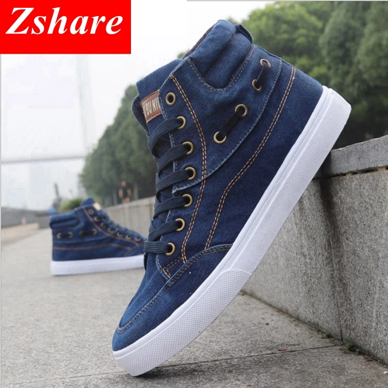 

British Style Fashion Vintage Denim Jean Canvas Shoes Men High-top Casual Man Ankle Boots Flat Shoes Usual School Boy Footwear