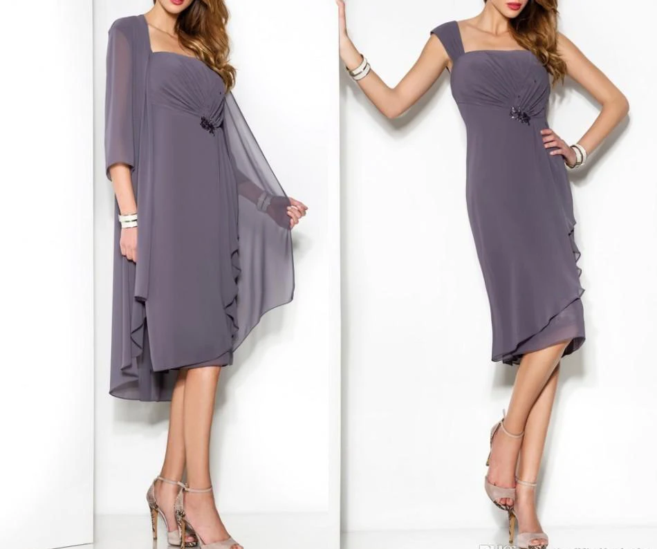 

2019 Lilac Ruffled Chiffon 2 Pieces Knee Length Mother Of The Bride Dress Plus Size With Jacket Vestido Mae Da Noiva