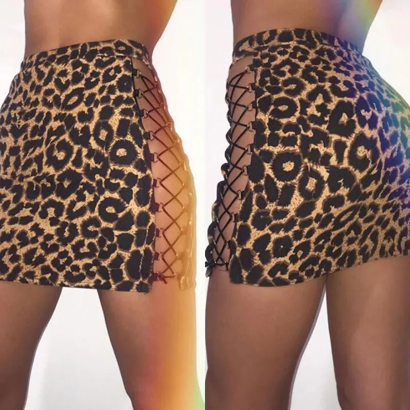 

BKLD Fashion Leopard Printing Mini Skirt Women High Waist Pencil Skirt 2019 Summer Sexy Hollow Out Lace Up Bandage Bodycon Skirt