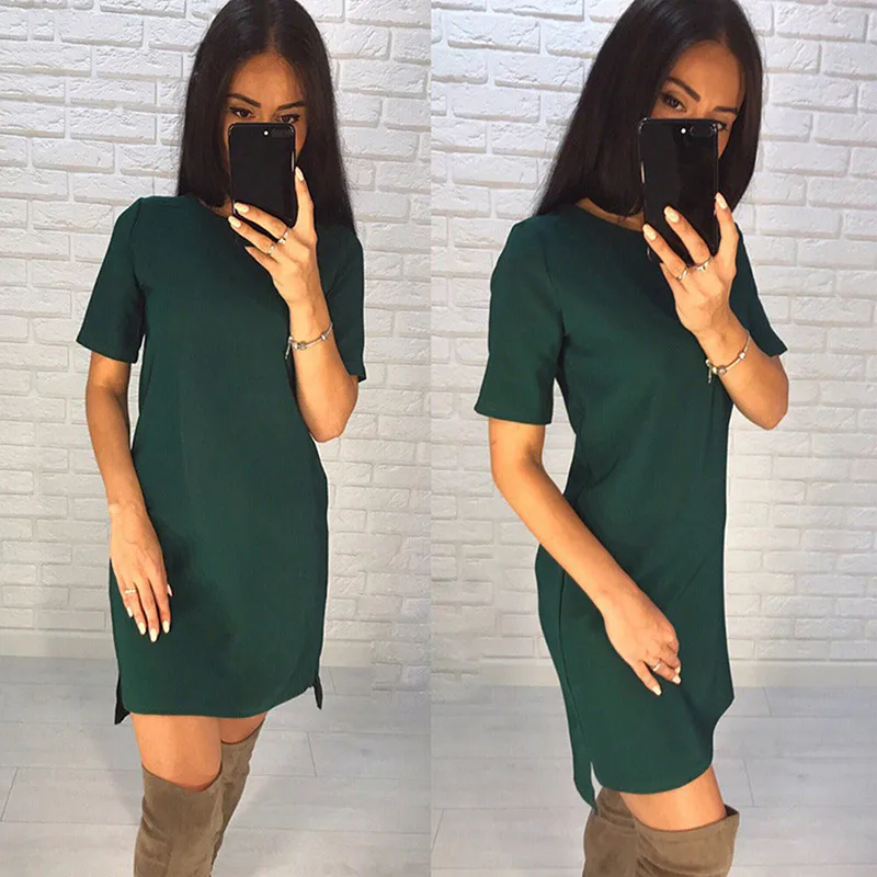 

2019 Summer Women Vintage Straight Party Mini Dress O-neck Short Sleeve Solid Elegant Casual Ladies Dress Vestidos Female