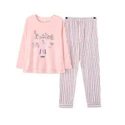 Новые милые пижамы Для женщин девочек пижамный комплект 2 шт. хлопок с длинным рукавом эластичный пояс полосатые брюки для дома пижамы pijamas