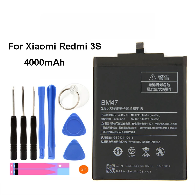 

Original BM47 Mobile Phone Battery For Xiaomi Redmi 3S Real Capacity 4000mAh Replacement Li-ion Battery + Tool