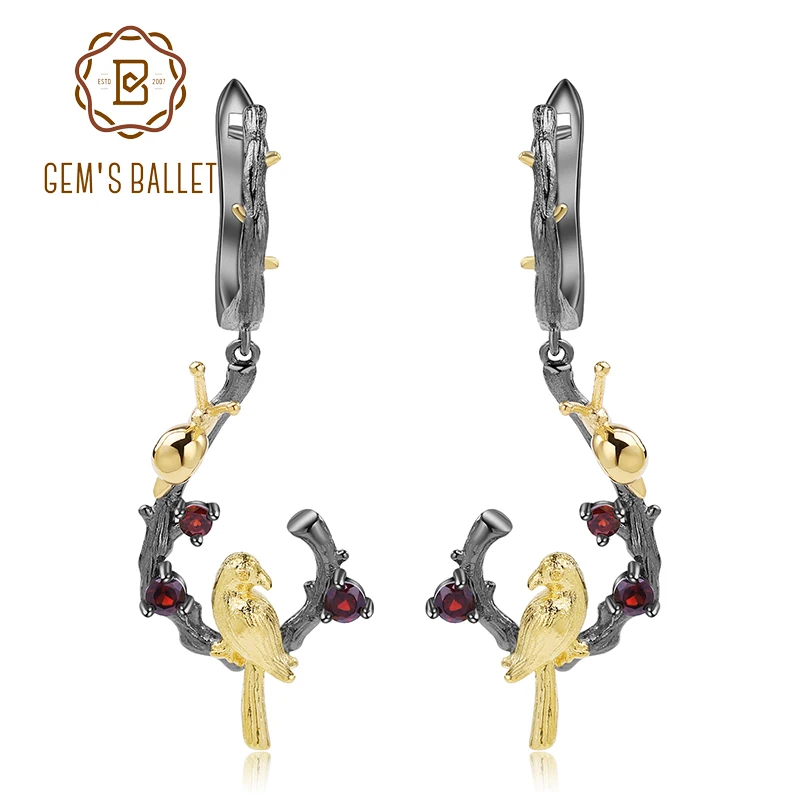

GEM'S BALLET 0.86Ct Natural Garnet Earrings 925 Sterling Silver Handmade Snails & Bird on the Branch Drop Earrings for Women