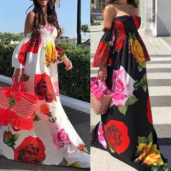 

New Holiday Boho Women Off Shoulder Backless Flare Sleeve Floral Print Maxi Dress