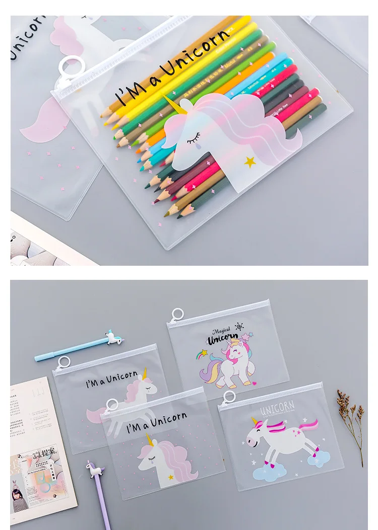 New 1Pcs New Cartoon Unicorn Pink Leopard Transparent PVC Document Bag File Folder Stationery Organizer