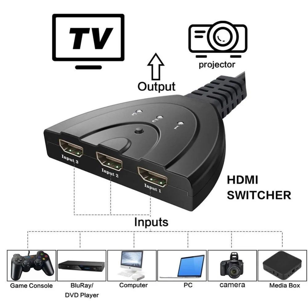 3-ميناء مفتاح تبديل hdmi مجزأ مع ضفيرة كابل و السيارات التبديل دعم 3D و كامل HD 1080 وعاء ل HDTV ، PS3 ، Xbox One ، 360 ، بلوراي