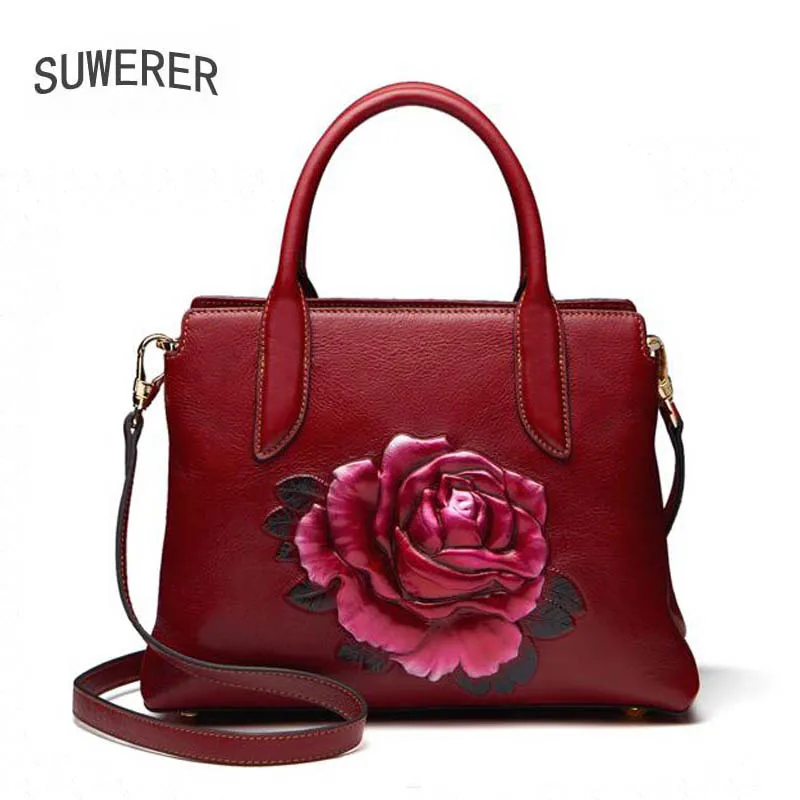 

SUWERER genuine Leather bags 2019 new fashion luxury Handmade drawing color flowers embossed handbags designer handbags