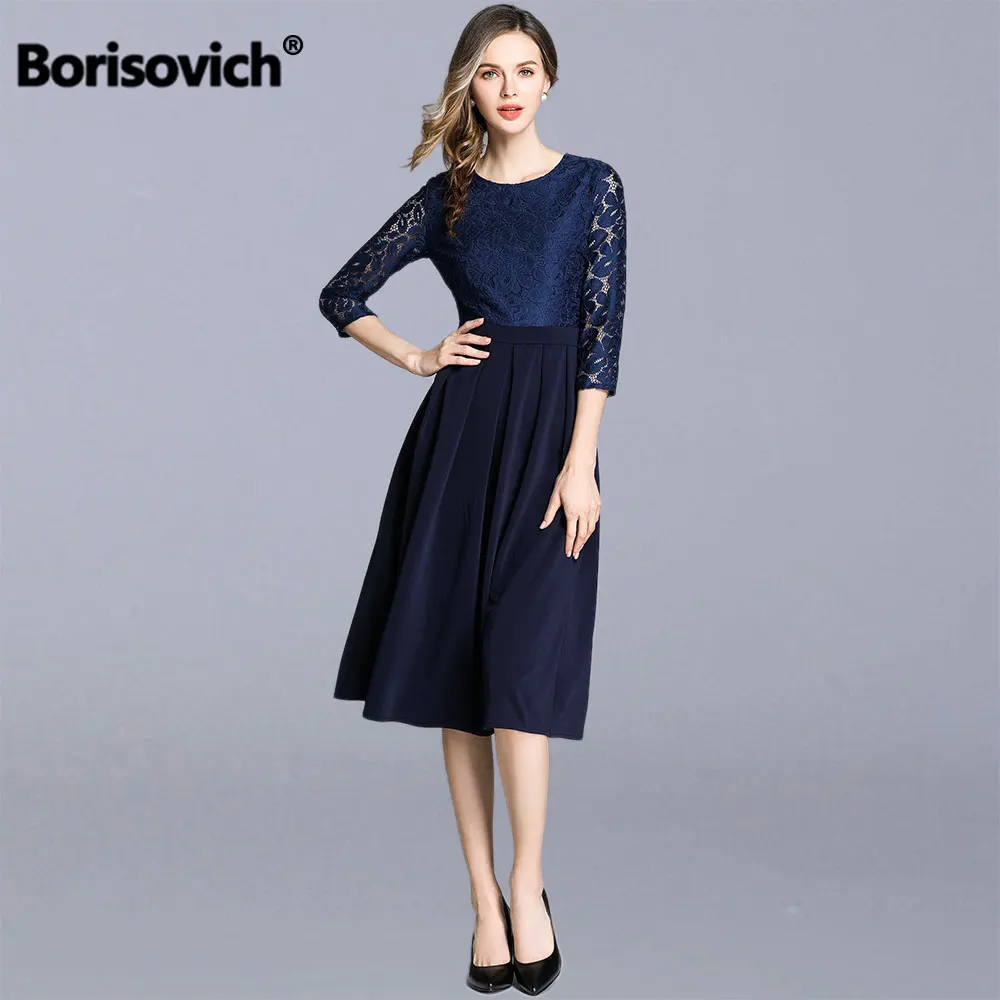 

Borisovich Women Casual Lace Long Dress New Brand 2019 Fashion EuropeStyle Patchwork Elegant A-line Ladies Party Dresses N1368