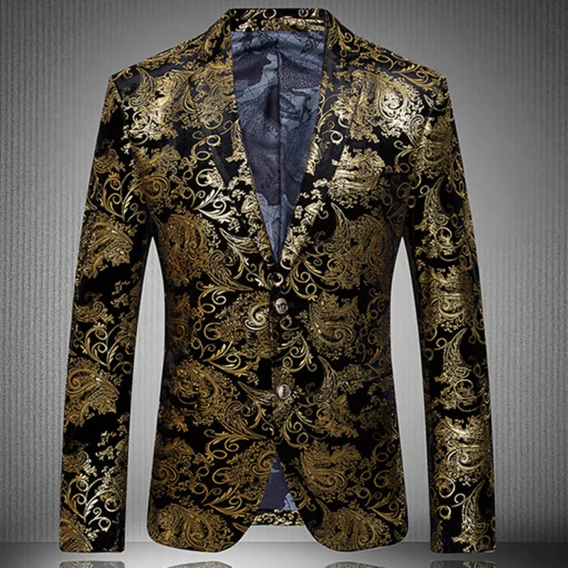2016 New Arrival Fashion Party Single Breasted Men Suit Jacket Gold Blazer and Men Floral