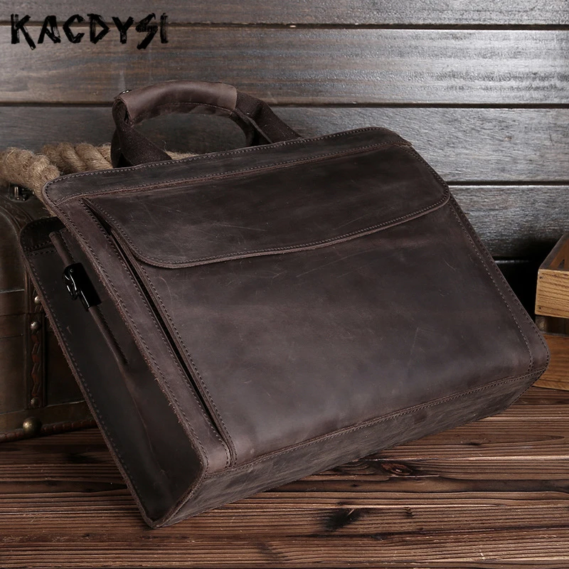 

100% Genuine Crazy Horse Leather Man Handbag Briefcase Bags Original Business Pack Vintage Natural Cow Leather Men's Laptop Bag