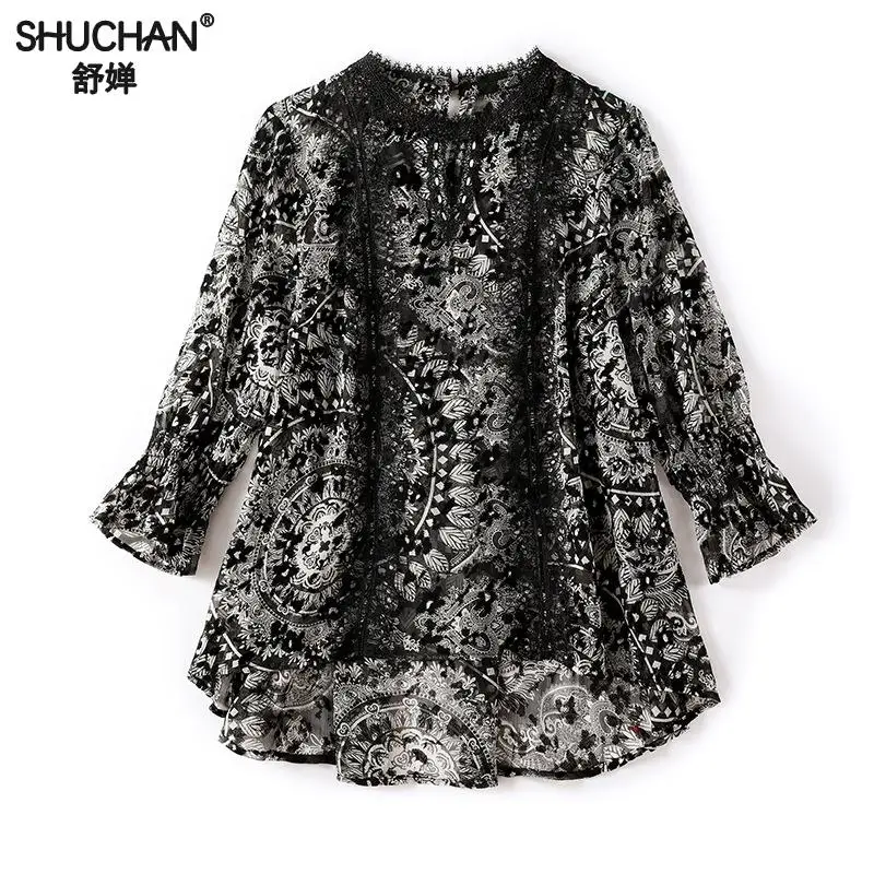 

Shuchan Chiffon Shirt Patchwork Lace Three Quarter Sleeve Print Retro Designer Women Blouse 2019 High Quality Elegant Tops