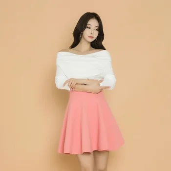 

New arrival women temperament OL two-piece set sexy off shoulder basic t-shirt comfortable mini a-line skirt fashion women set